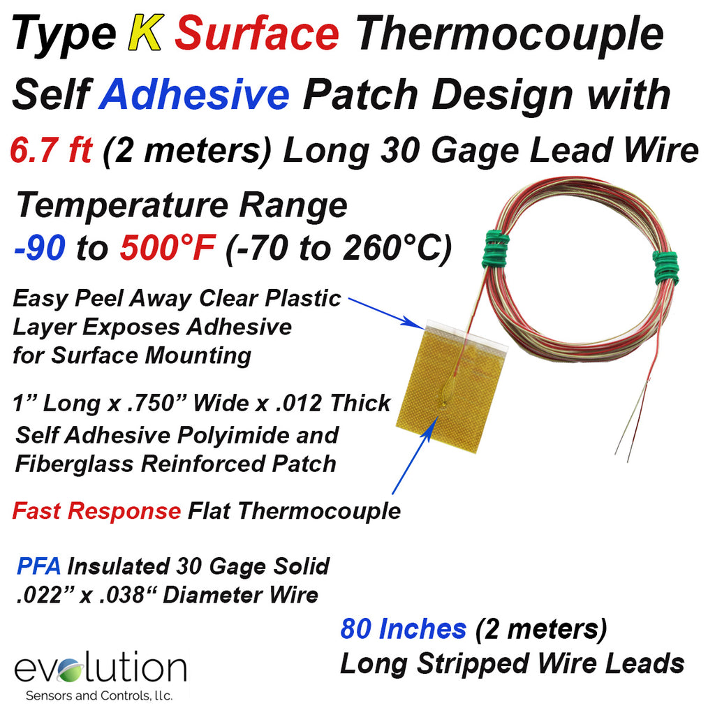 Surface Thermocouple Type K with Surface Mount Adhesive Patch and 80 inches of 30 Gage PFA Insulated Wire with Stripped Leads