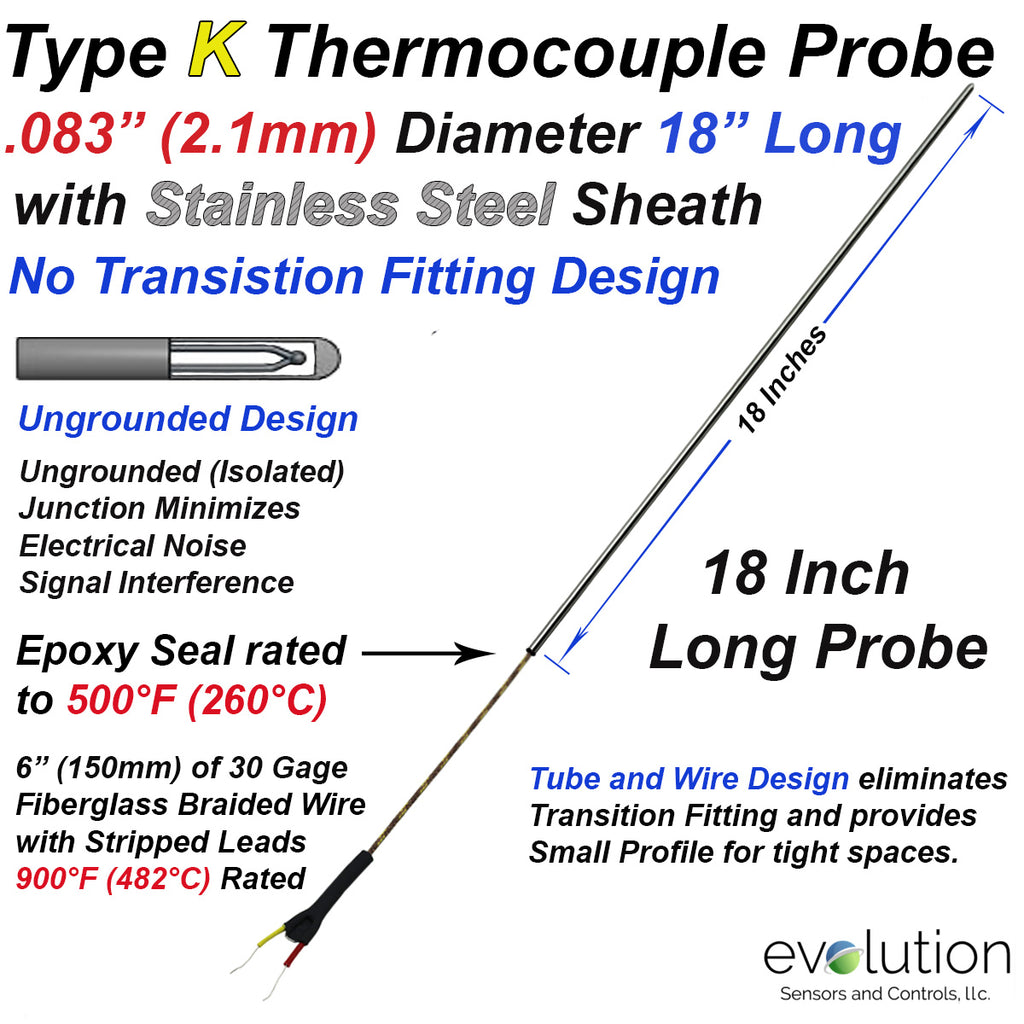 General Purpose Small Profile Type K Thermocouple Probe rated to 900 F