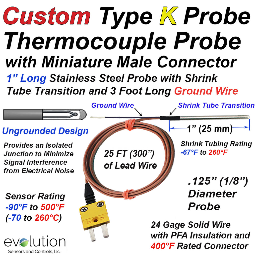 Type K Custom Thermocouple Probe with 25 ft of Lead Wire