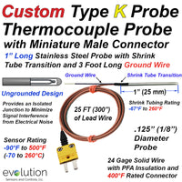 Type K Custom Thermocouple Probe with 25 ft of Lead Wire