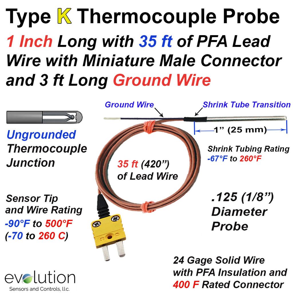 Type K Thermocouple Probe 1 Inch Long 1/8" Diameter and 35 ft Leads