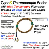 Type K Thermocouple Probe 4 Inches Long 1/8 Diameter with Fiberglass Leads