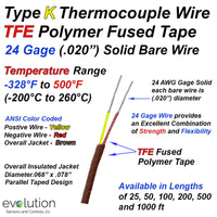 TFE Fused Tape Insulated Type K Thermocouple Wire 24 Gage Solid