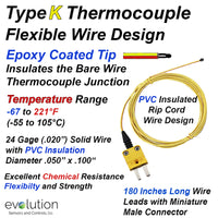 Epoxy Coated Tip Thermocouple Type K with 15 ft of PVC Lead Wire