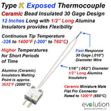 Type K Exposed Thermocouple - Fast Response 30 Gage (.010") Wire with Ceramic Bead Insulators and Miniature Male Ceramic Connector