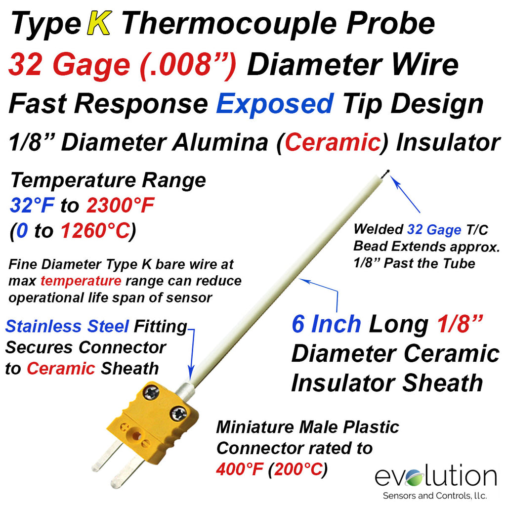 Type K Exposed Thermocouple Ceramic Sheath with .008" Wire and Connector