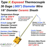 Type K Exposed Thermocouple Ceramic Sheath with .005" Wire and Connector