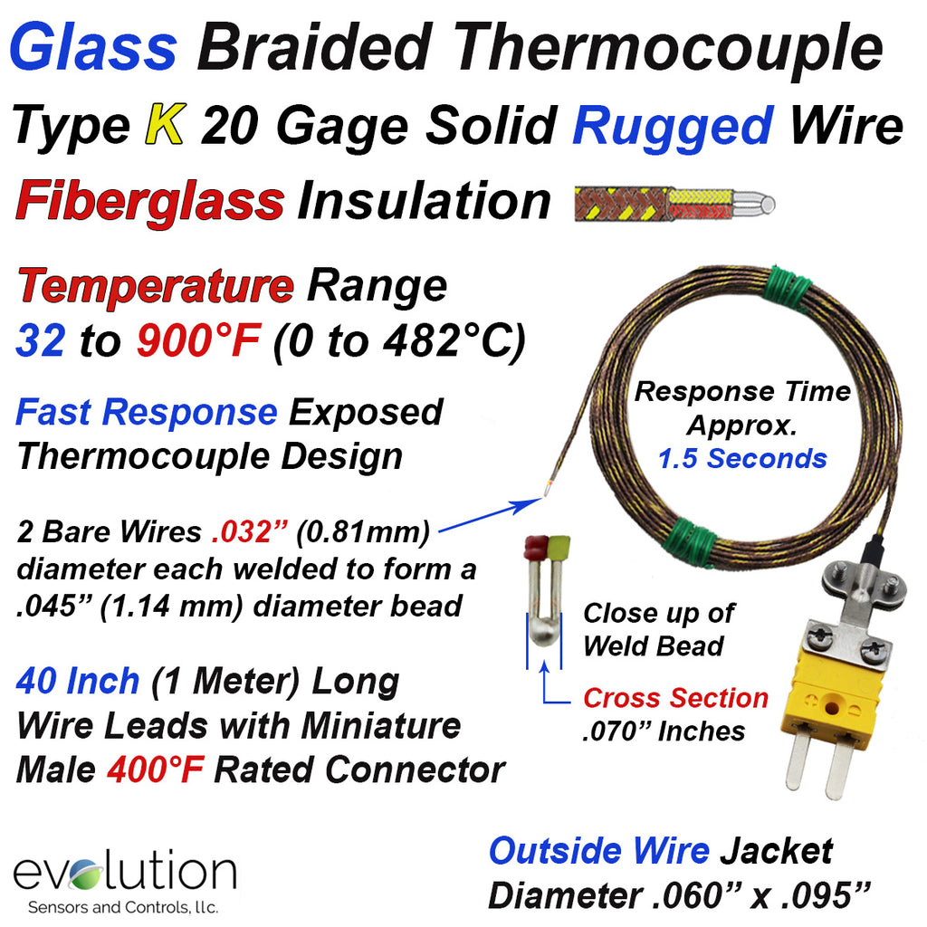 Glass Braided Thermocouple Type K 20 Gage Fiberglass Insulated 40 inches long with Miniature Connector