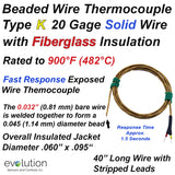 Glass Braid Insulated Thermocouple Type K 20 Gage 40" with Stripped Leads