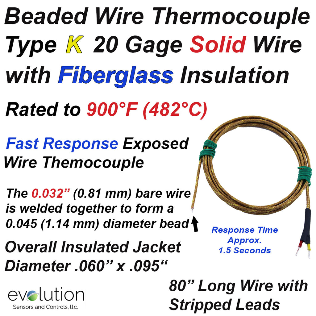 Glass Braid Insulated Thermocouple Type K 20 Gage 80" with Stripped Leads