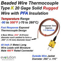 Thermocouple Beaded Wire Sensor Type K 20 Gage PFA Insulated 40 inches long with Miniature Connector