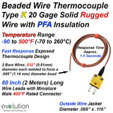 Thermocouple Beaded Wire Sensor Type K 20 Gage PFA Insulated 80 inches long with Miniature Connector