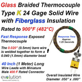 Thermocouple Beaded Wire Sensor Type K 24 Gage Fiberglass Insulated 40 inches long with Miniature Connector