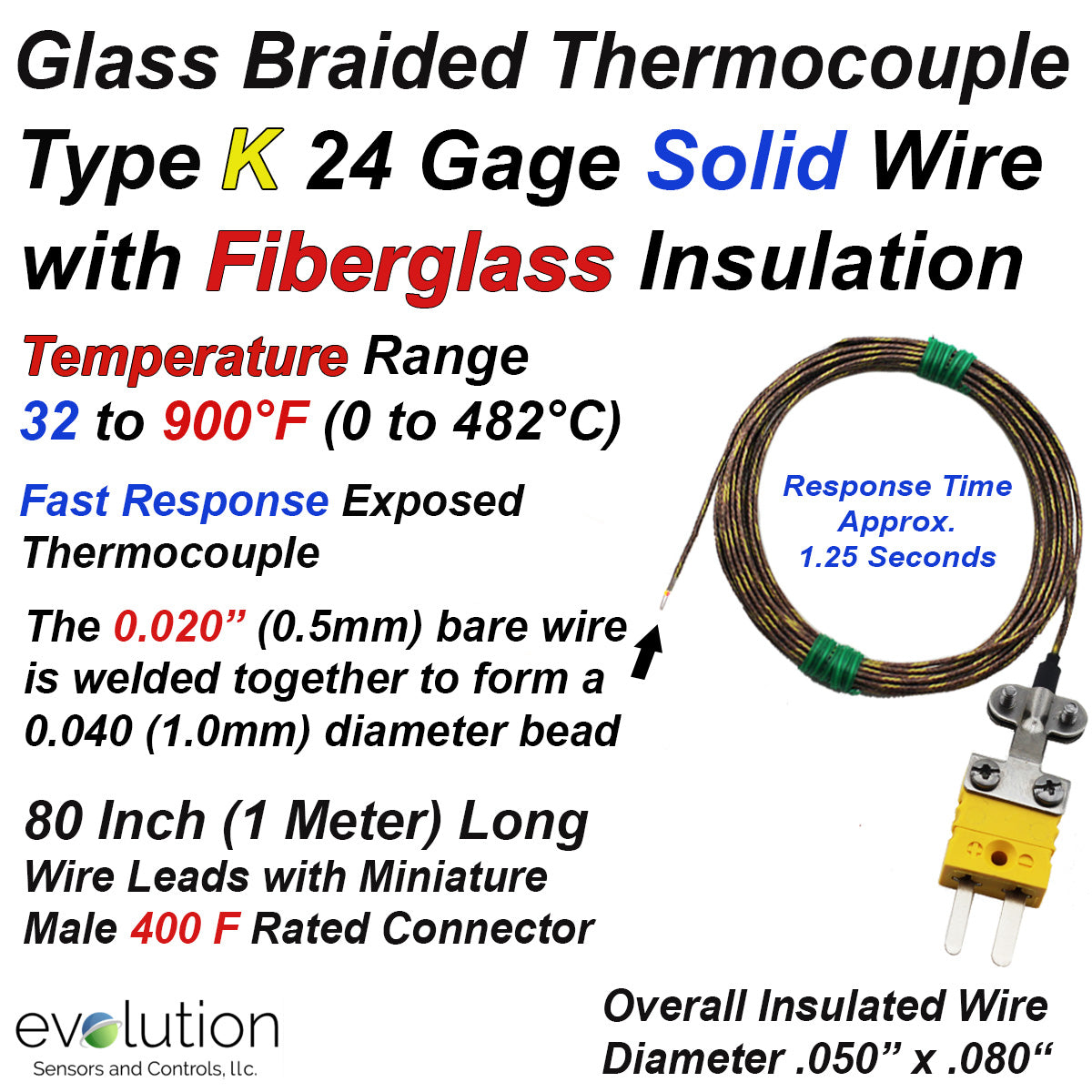 Thermocouple Type-K Glass Braid Insulated Stainless Steel Tip : ID