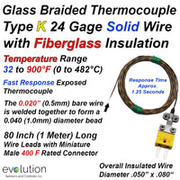 Thermocouple Type K Glass Braid Insulated 80 inches long with Miniature Connector
