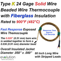 Glass Braid Insulated Thermocouple Type K 24 Gage with 80 Inch Leads