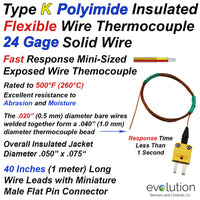 Thermocouple Beaded Wire Sensor Type K 24 Gage Kapton Insulated 40 inches long with Miniature Connector