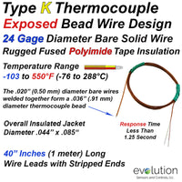 Type K Exposed Bead 24 Gage Thermocouple with Polyimide Tape Insulation