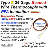 Type K PFA Insulated Beaded Wire Thermocouple with 12 ft of Lead Wire