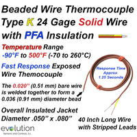 Flexible Wire Style Thermocouple - Type K with 40 inches of 24 Gage PFA Insulated Wire and Stripped Leads