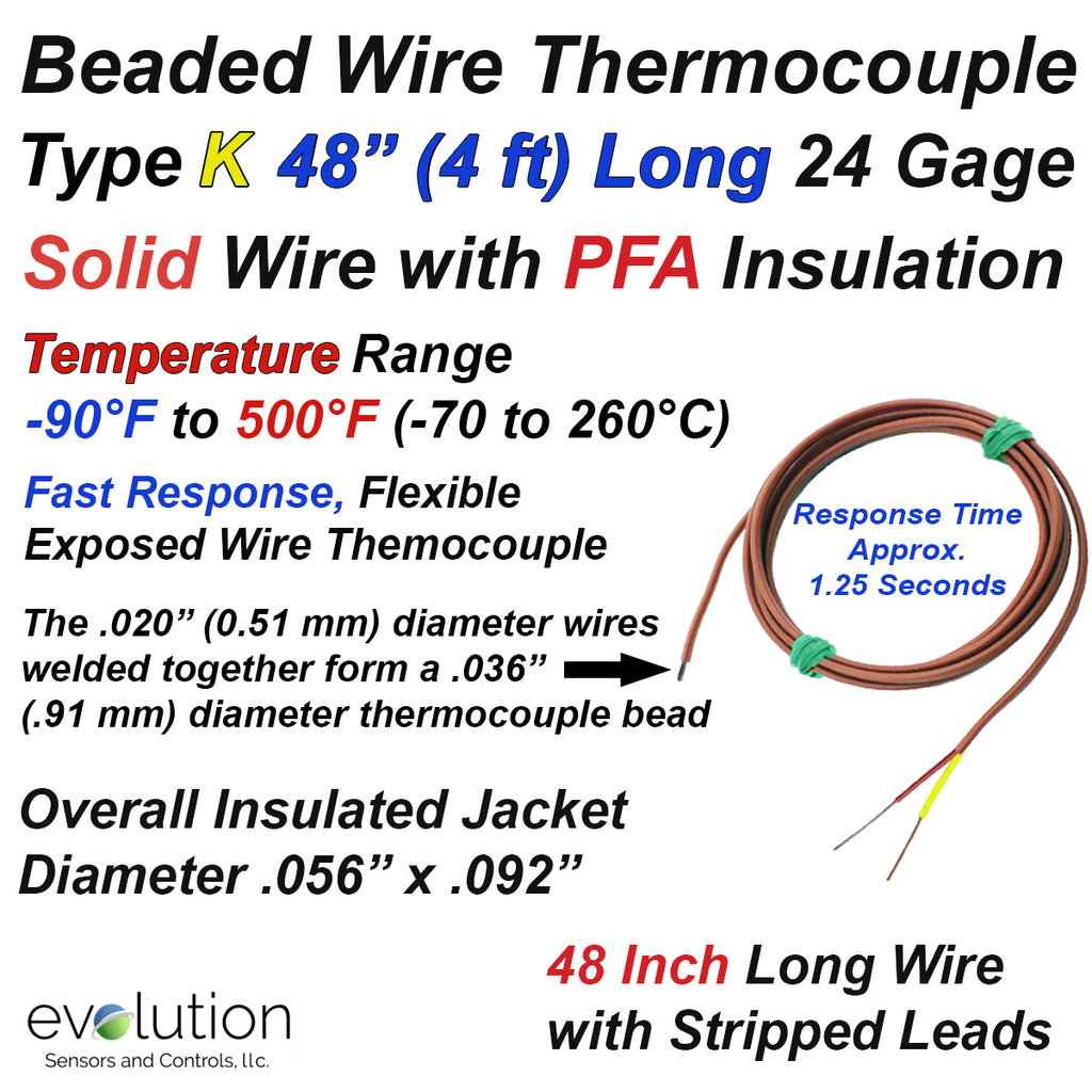 Insulated Thermocouple Type K with 4 ft of 24 Gage PFA insulated Wire