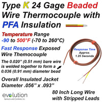 Beaded Wire Thermocouple - Type K with Stripped Leads