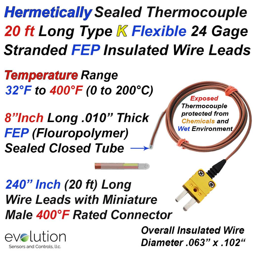 Type K Hermetically Sealed Thermocouple Flexible Design with 20ft Lead