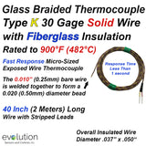 Glass Braid Insulated Thermocouple Type K 30 Gage 40" Long with Stripped Lead