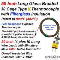 50 Inch Long Type K Glass Braided Thermocouple 30 Gage Wire and Connector