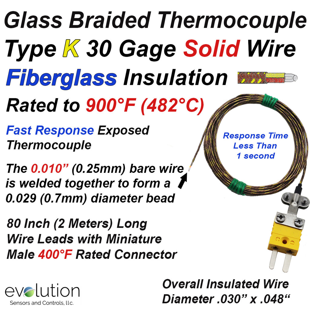 Glass Braided Thermocouple Type K 30 Gage Fiberglass Insulated 80 inches long with Miniature Connector