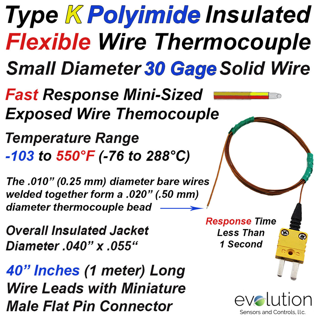 Beaded Wire Thermocouple Polyimide Tape Insulation 40 inches Long Leads