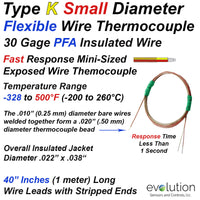 Fine Diameter Type K Flexible 30 Gage Wire Thermocouple with 3ft Leads