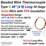 Type K Beaded Thermocouple with 4ft of Fine Diameter Wire
