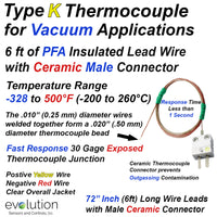Type K Flexible Wire Design Thermocouple for Vacuum Applications - Fast Response Exposed Design with 6ft of 30 Gage PFA Insulated Lead Wire and Miniature Ceramic Connector