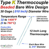 Type K Bare Wire Thermocouple with 30 Gage (.010") Diameter 12 Inches Long