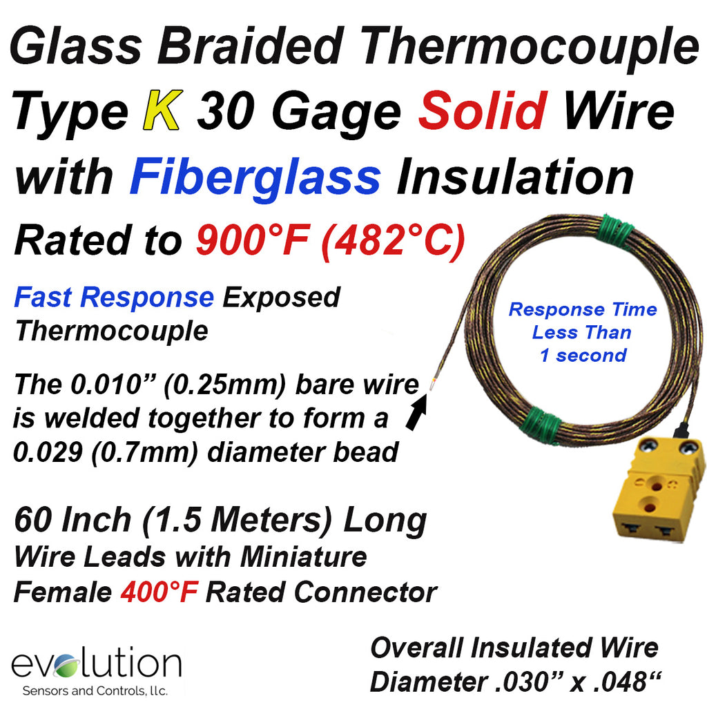 Type K Glass Braided Thermocouple and Miniature Female Connector
