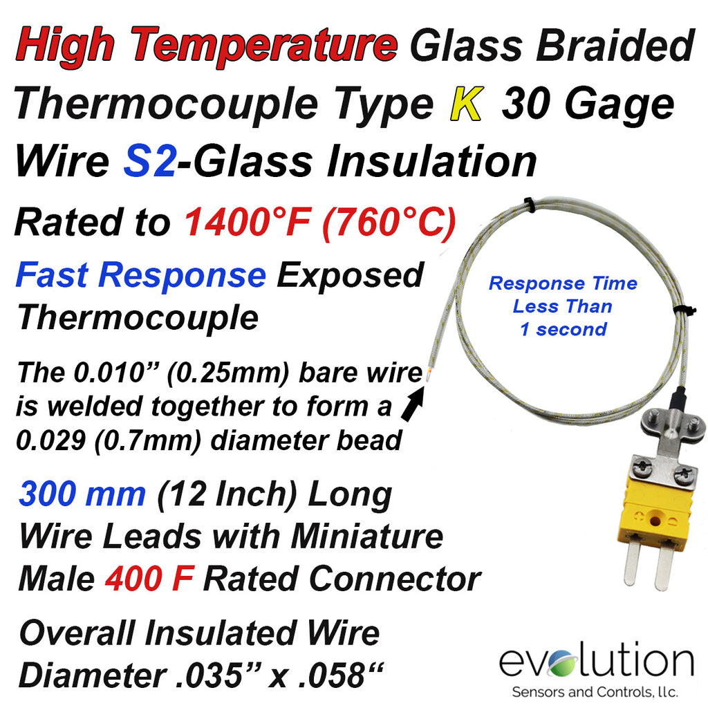High Temperature Glass Braided Thermocouple - Type K with 300 mm of 30 Gage S2-Glass Insulated Wire and Miniature Connector