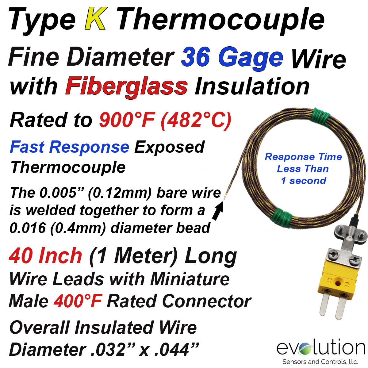 Type K Thermocouple 40 Inches of 36 Gage Fiberglass Wire and Connector ...