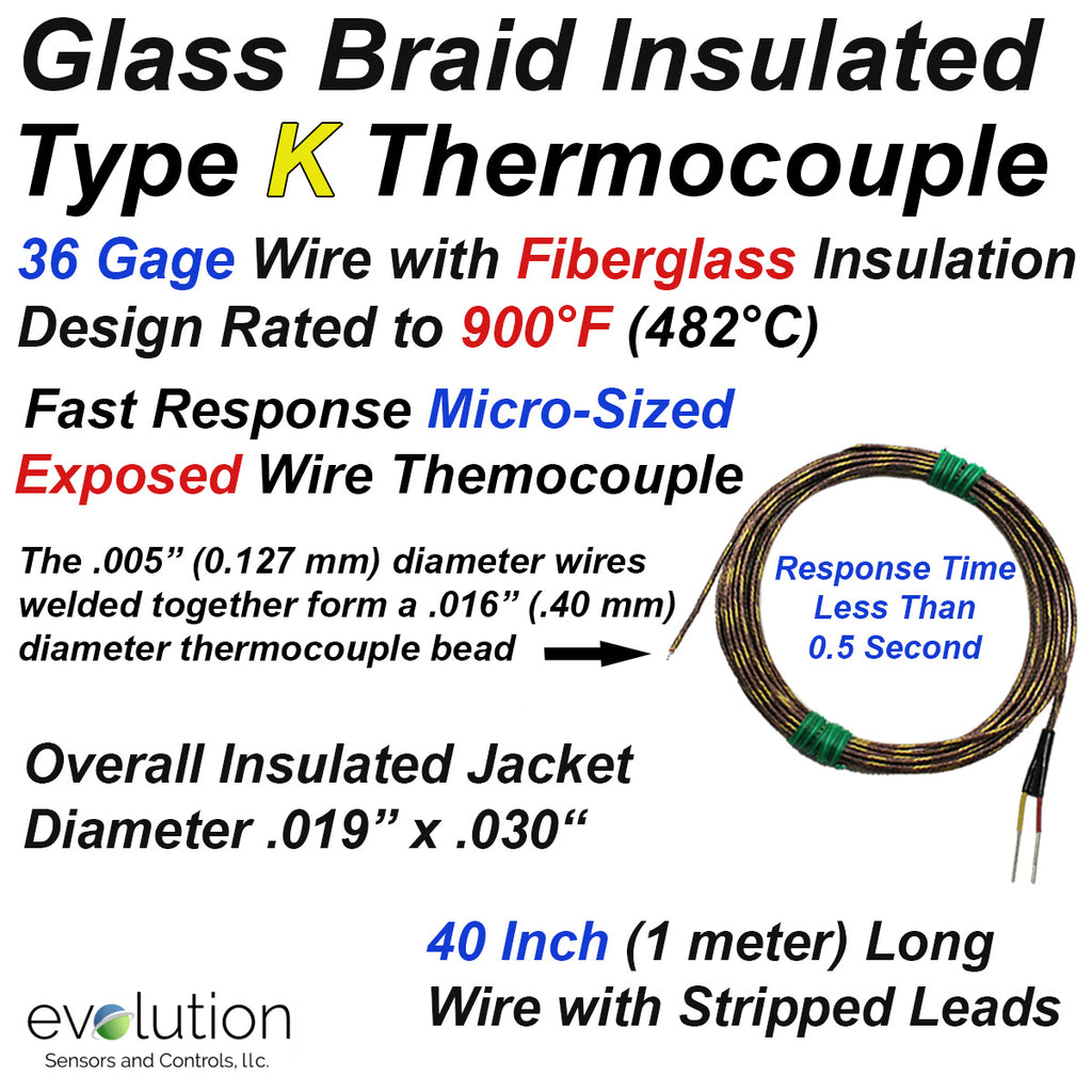 Glass Braid Insulated Thermocouple Type K 36 Gage 40" with Stripped Leads