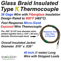 Glass Braid Insulated Thermocouple Type K 36 Gage 40