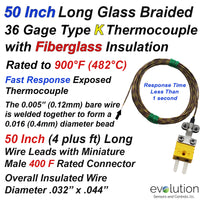 50 Inch Long Type K Glass Braided Thermocouple 36 Gage Wire and Connector