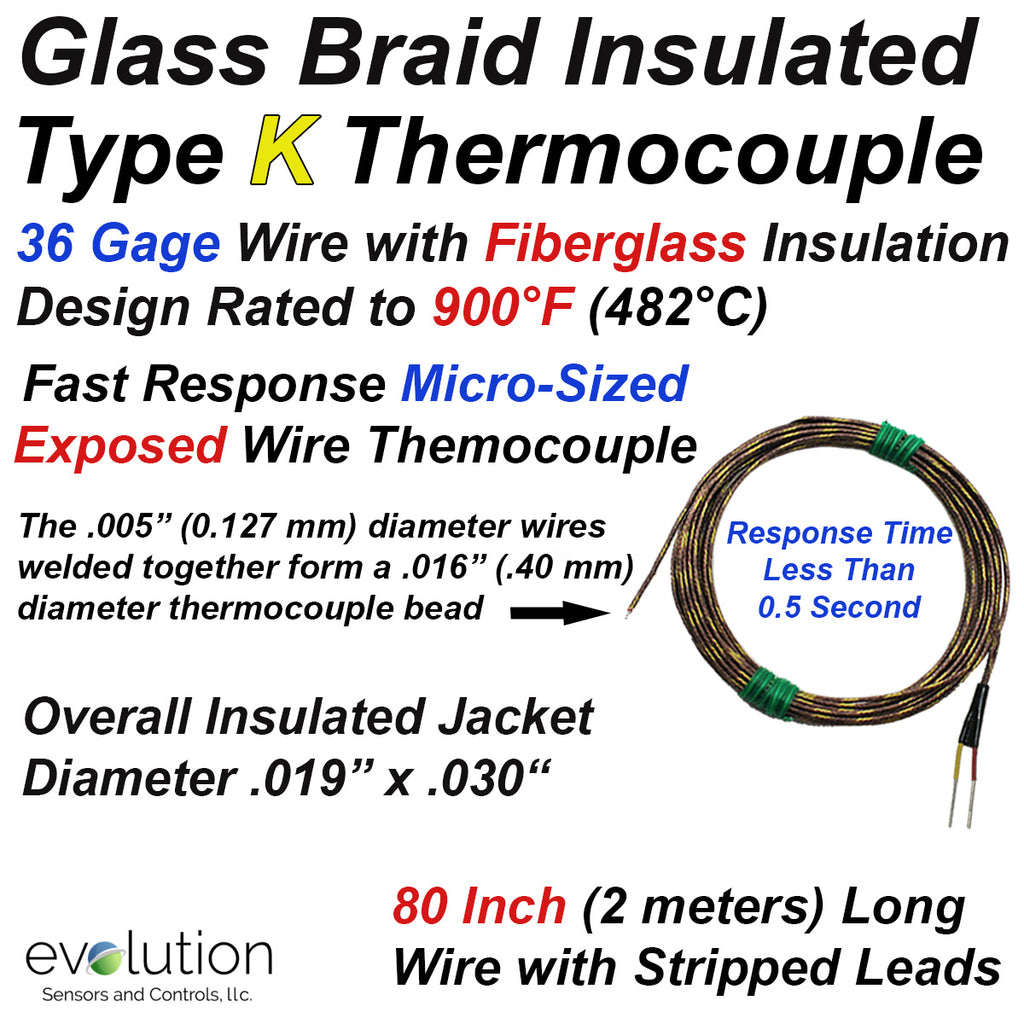Glass Braid Insulated Thermocouple Type K 36 Gage 80" Long with Stripped Lead