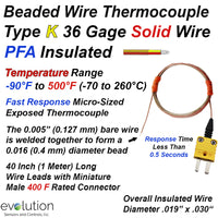 Insulated Type K Thermocouple with 36 Gage PFA Wire and Connector