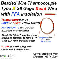 Beaded Wire Thermocouple Type K with 40 inches of 36 Gage PFA Wire