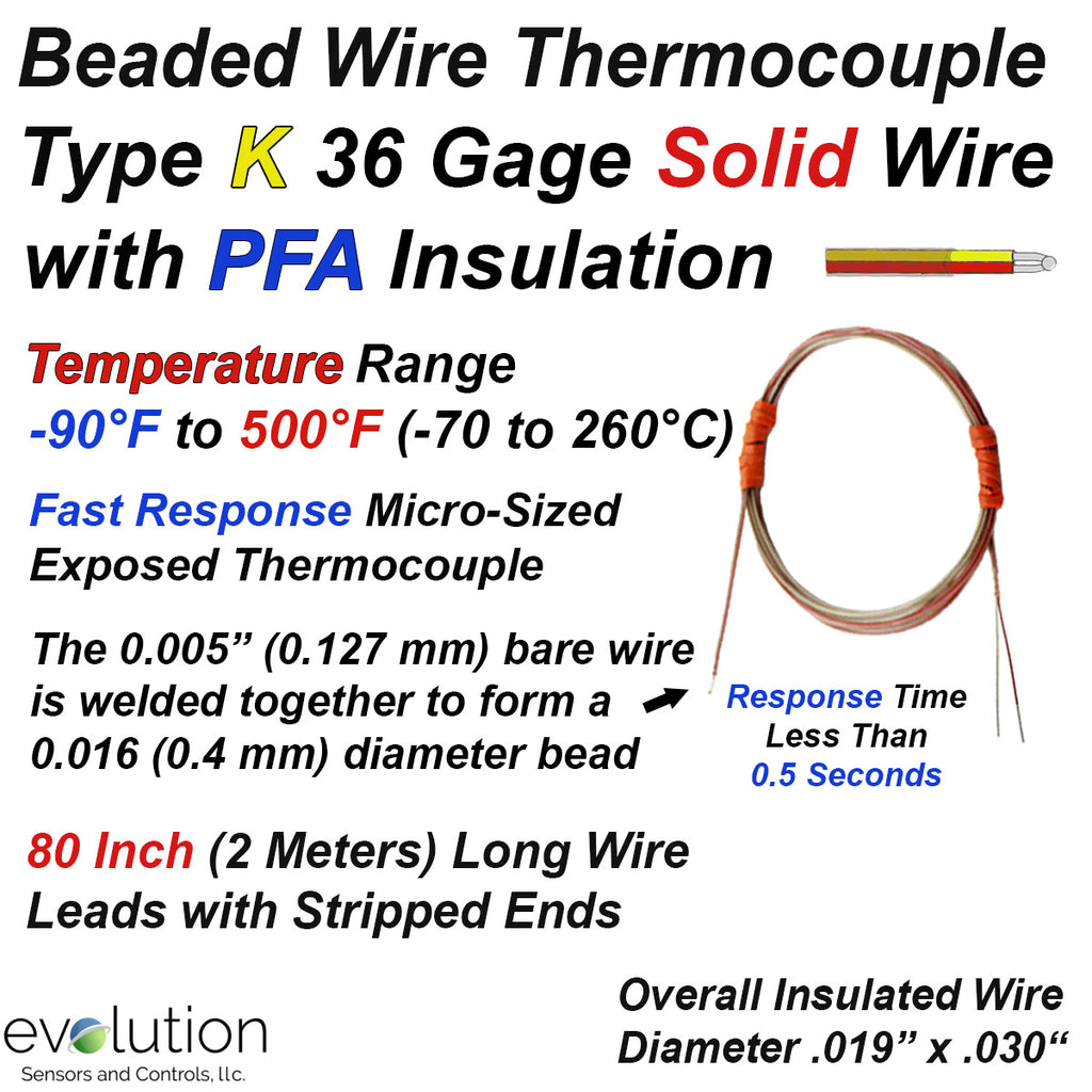 Thermocouple Beaded Wire Sensor - Type K 36 Gage  PFA Insulated 80 inches long with Stripped Leads