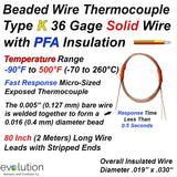 Thermocouple Beaded Wire Sensor - Type K 36 Gage  PFA Insulated 80 inches long with Stripped Leads