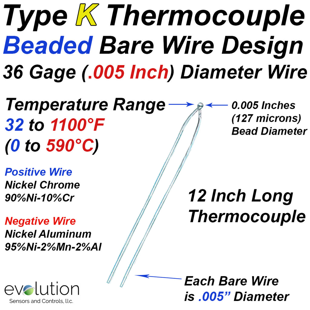 Type K Bare Wire Thermocouple with 36 Gage (.005") Diameter 12 Inches Long