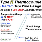 Type K Bare Wire Thermocouple with 36 Gage (.005") Diameter 12 Inches Long