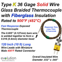 Type K Beaded Thermocouple 120 Inches of 36 Gage Fiberglass Wire and Connector