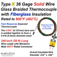 Beaded Thermocouple Type K 20 ft of 36 Gage Fiberglass Wire and Connector